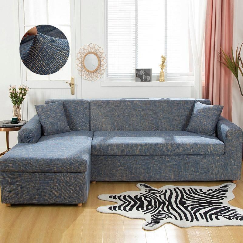 L-Shaped Sofa Cover - Crosshatch - Blue & Gold - Adaptable & Expandable