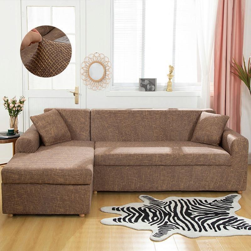 L-Shaped Sofa Cover - Flecked - Brown & Gold - Adaptable & Expandable
